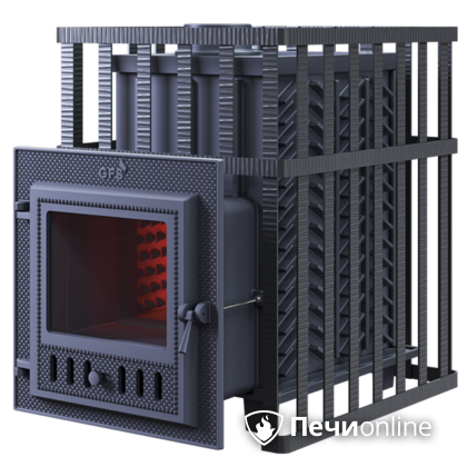 Дровяная банная печь Гефест ЗК в сетке-18 (М) чугунная дверца со стеклом, запатентованная каменка сетка в Верхней Пышме